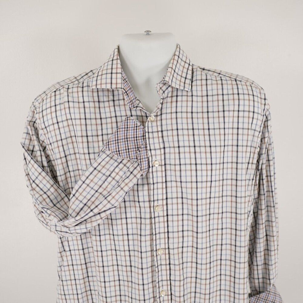 Jack Stone Thomas Dean Large Cream W/ Orange Blue Plaid Flip‎ Cuff Dress Shirt